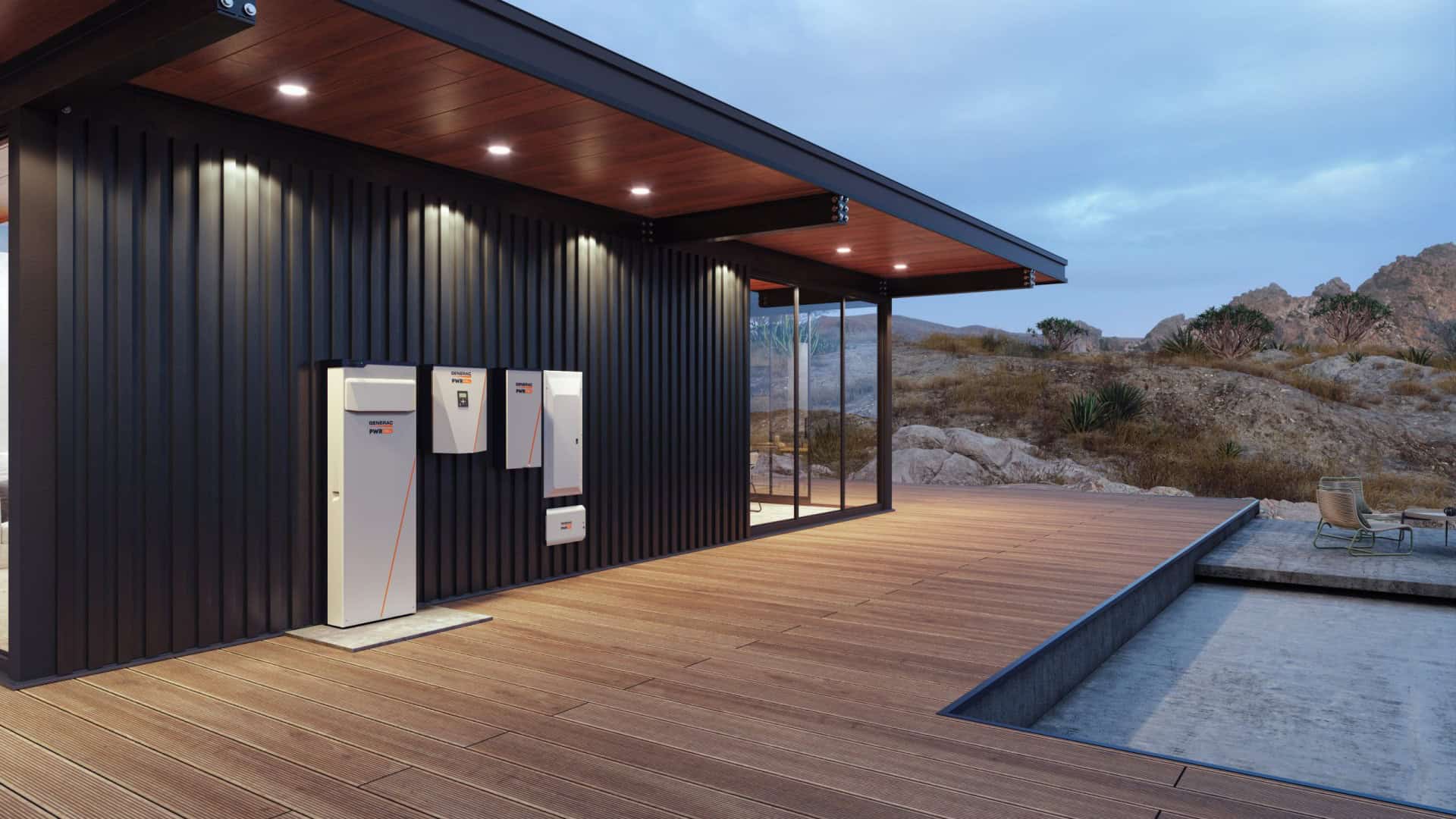 Generac PowerCell Combination located on side of house with pool and deck in foreground