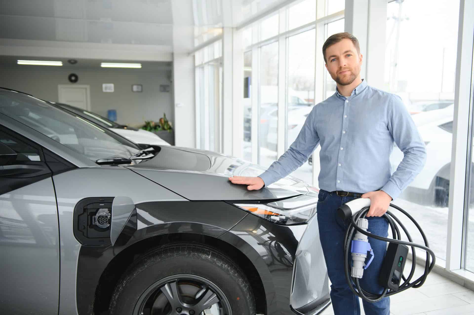 Bearded man in a button down shirt and casual pants holding a new charging cable and his other hand is resting on an EV at a car dealership.