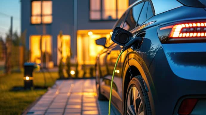 Close-up of an electric car. An EV car is charged from a wall box near the house.