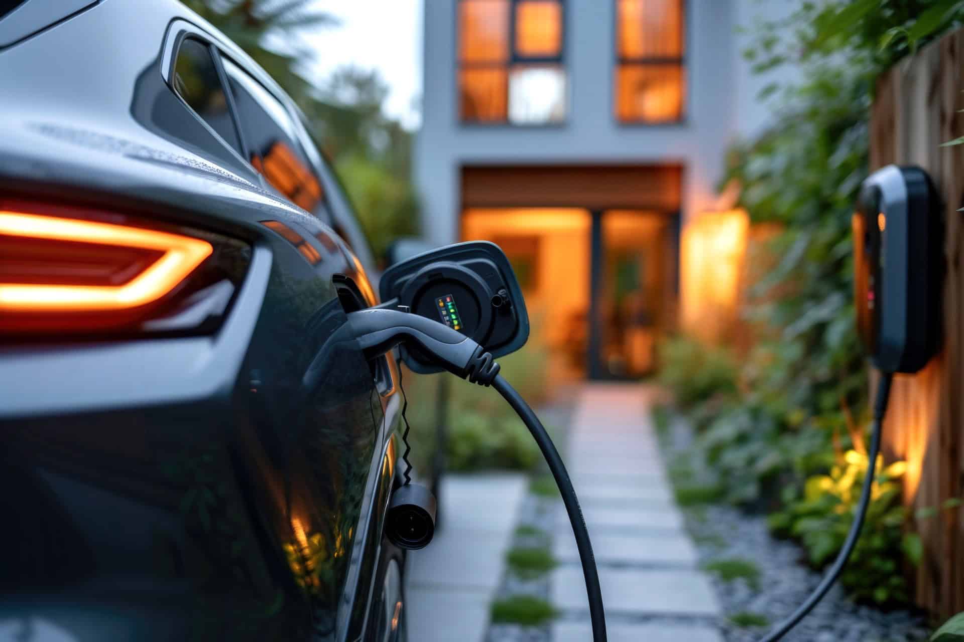 Electric vehicle's charging port connected to charging station in front of house. Home visible in background.