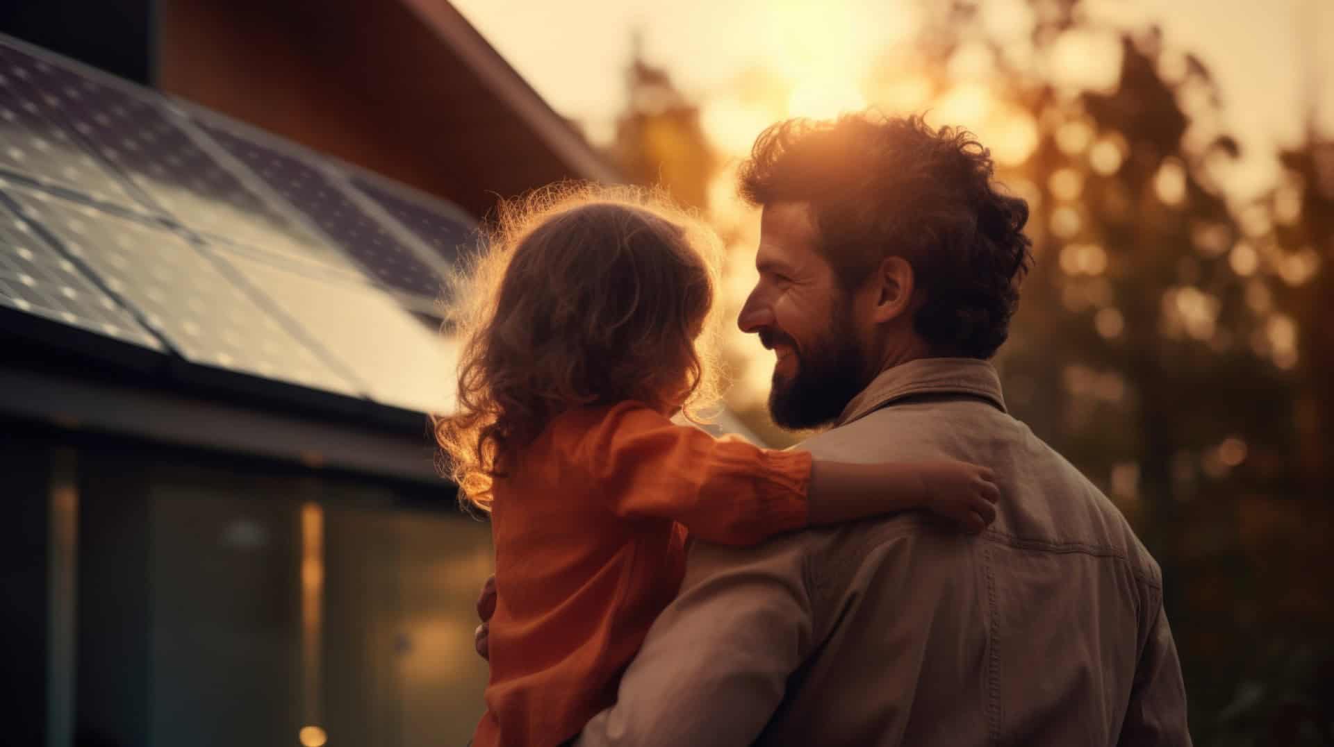 Closeup rear view of man holding his little daughter and showing her house with solar panels on the roof