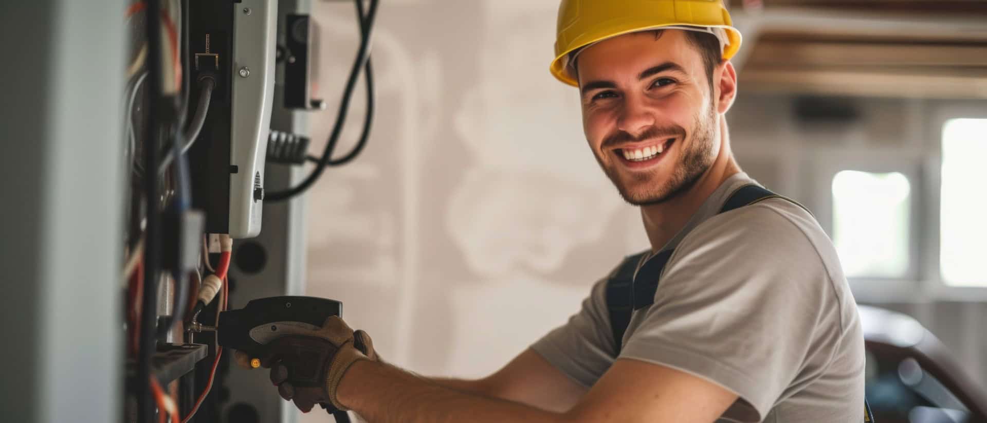 Male electrician smiling and installing an EV home charger.