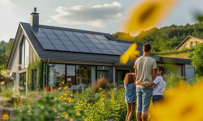 Rear of family out of focus standing in front of solar-equipped house.