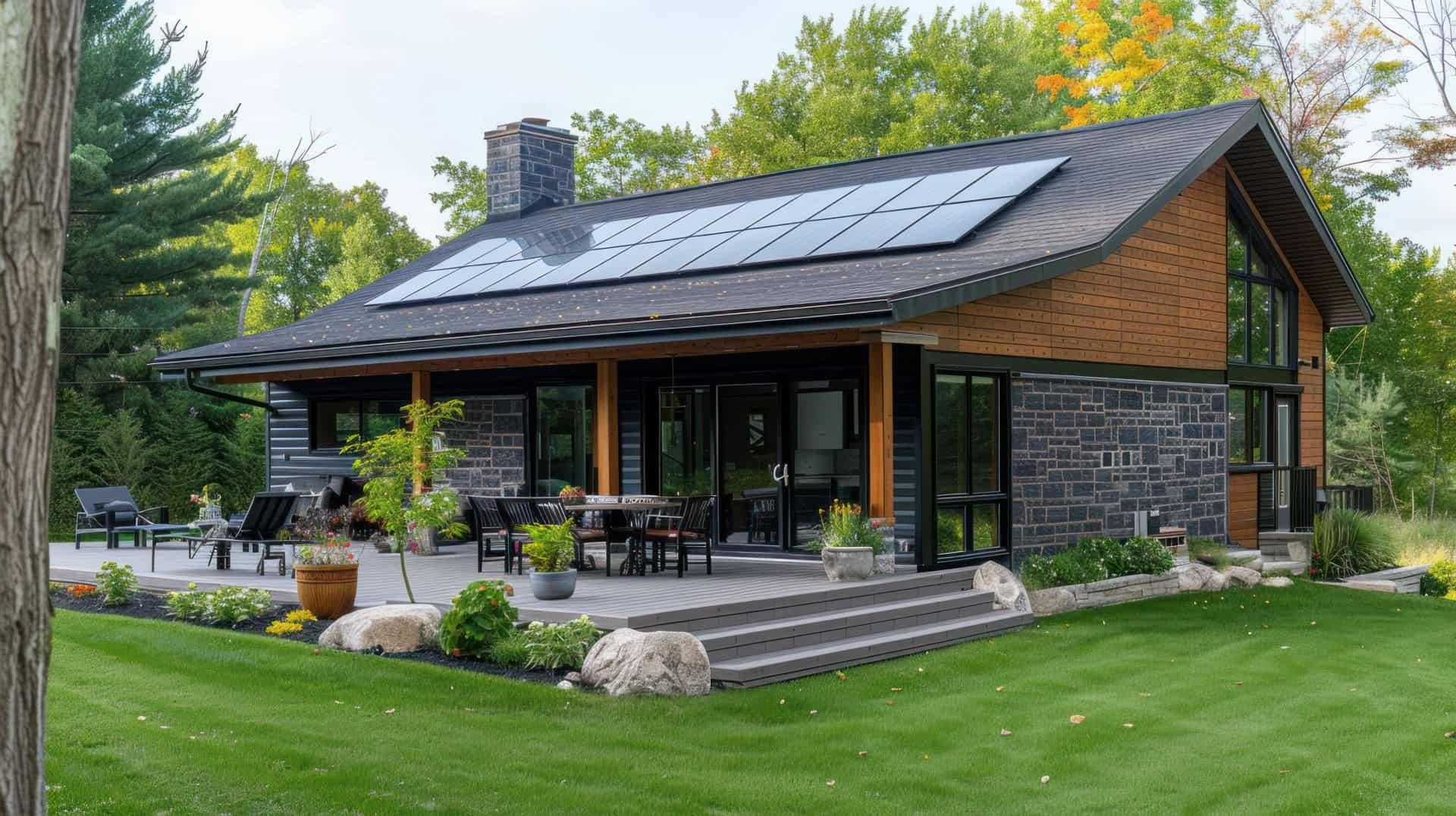 Cottage-style house with solar panels on the roof.