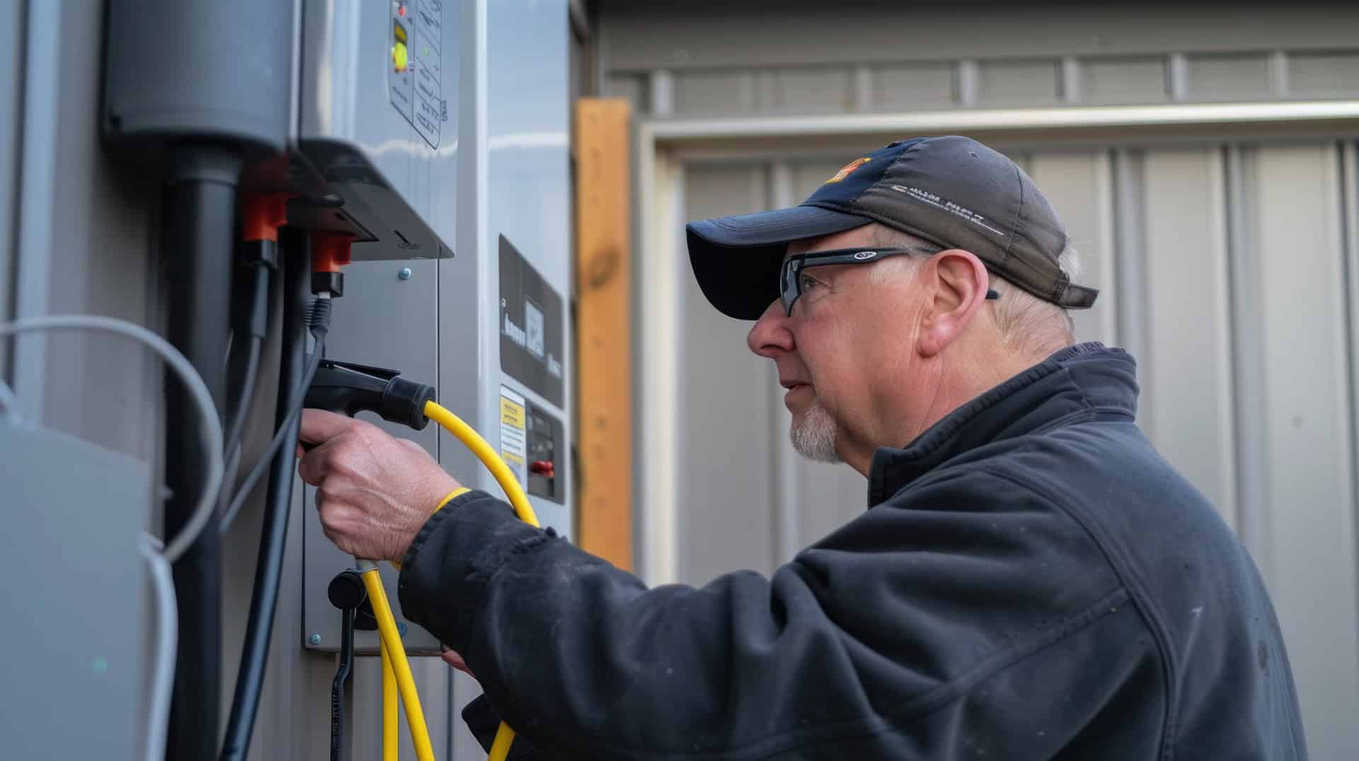 Electrician installing a home charging station on the side of a house.