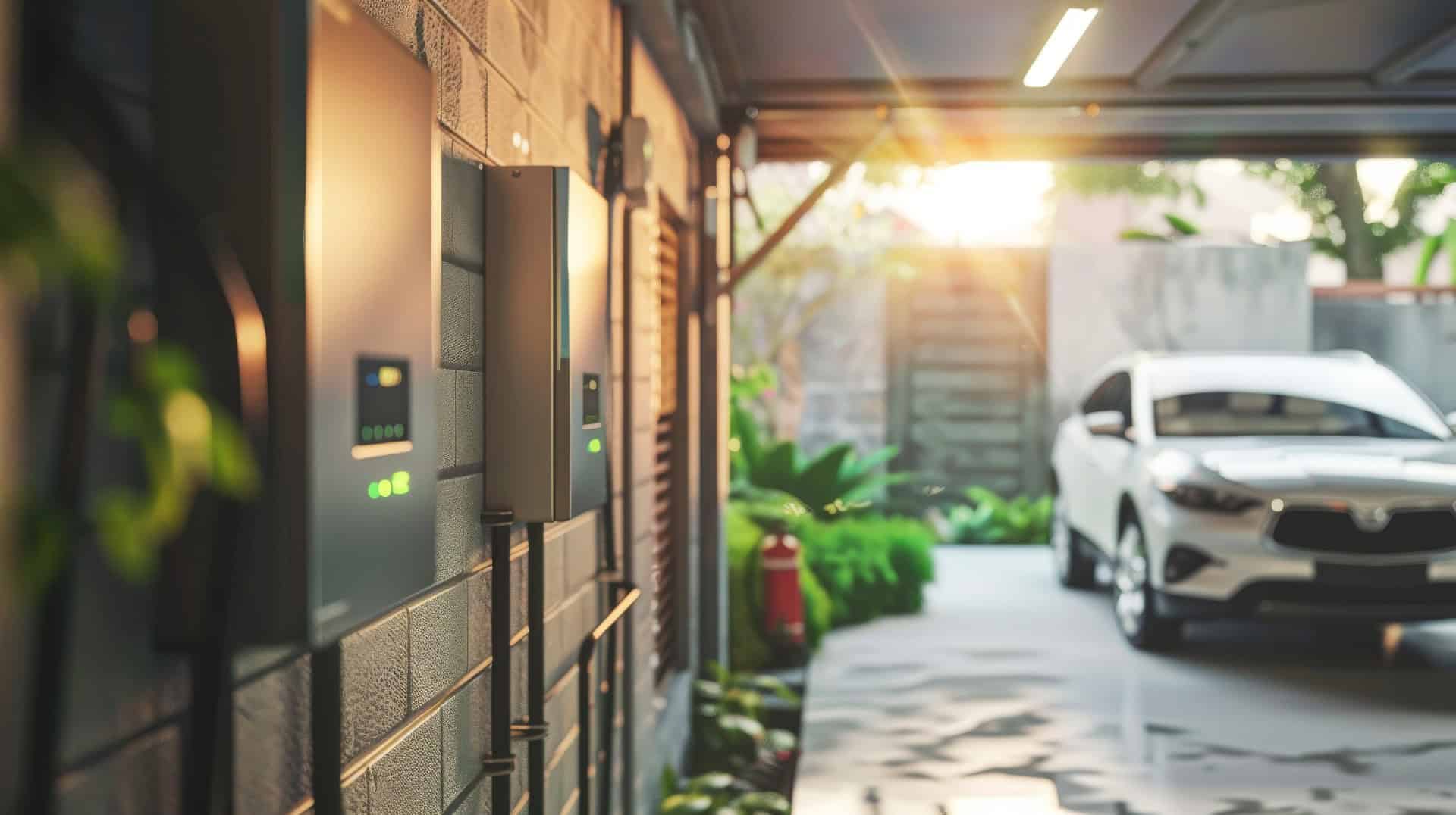 Battery backup alternative electric energy storage system within home garage to charge vehicles and to support home electricity needs.