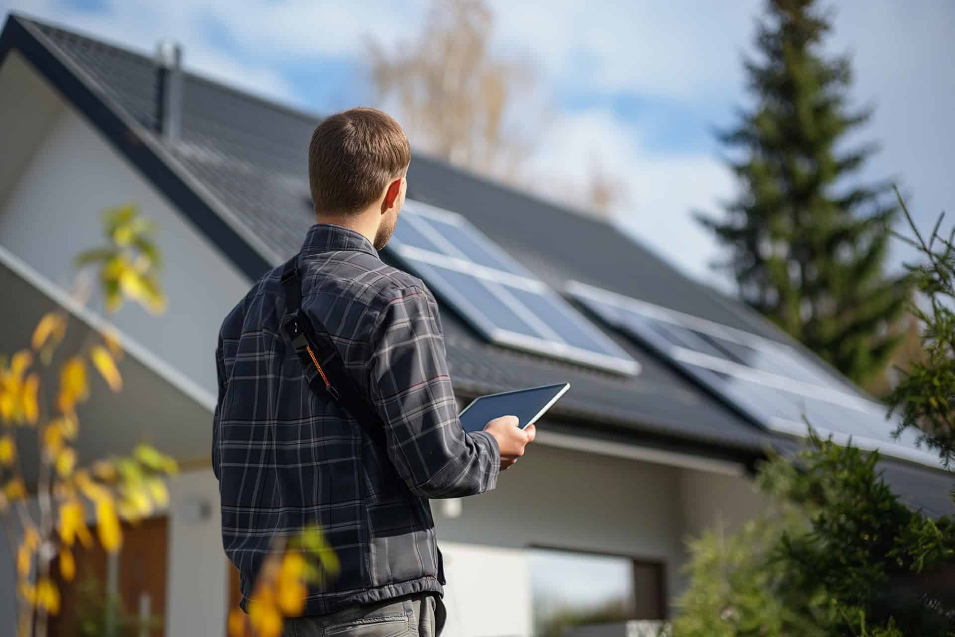 Solar installer with tablet standing in front of solar panels on a residential roof.