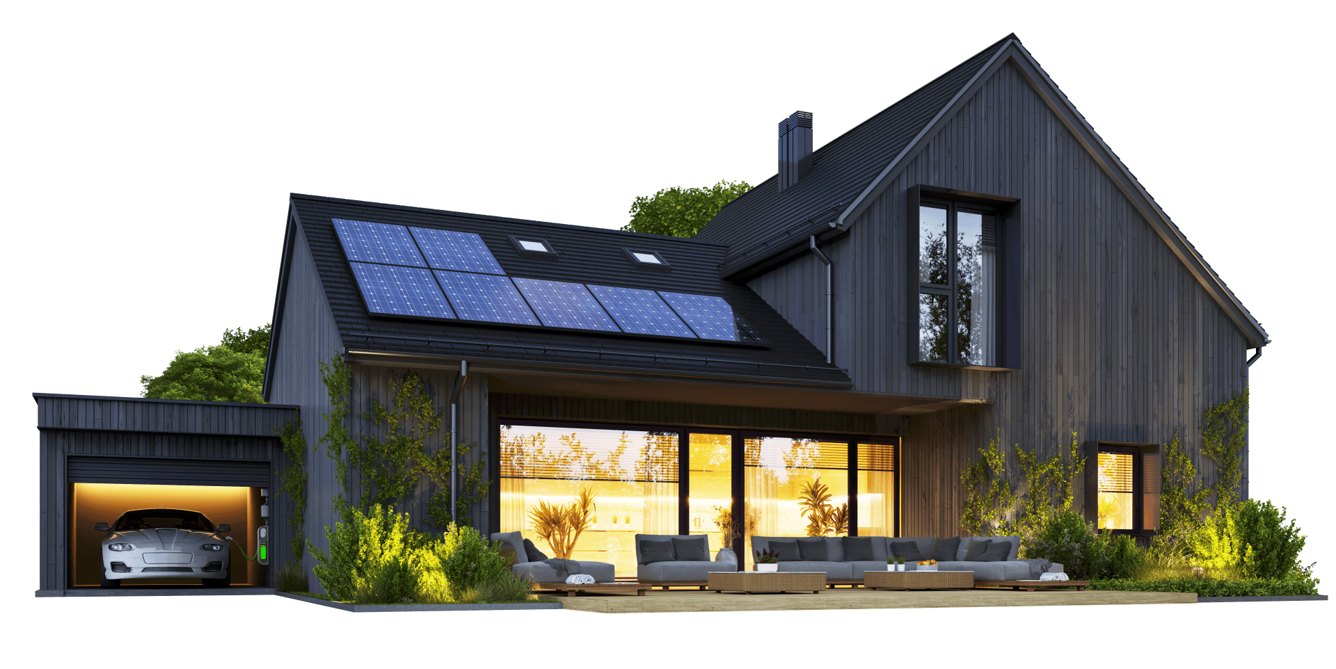 Image of contemporary two-story house with the main floor lights turned on and solar panels on the roof. Transparent background.