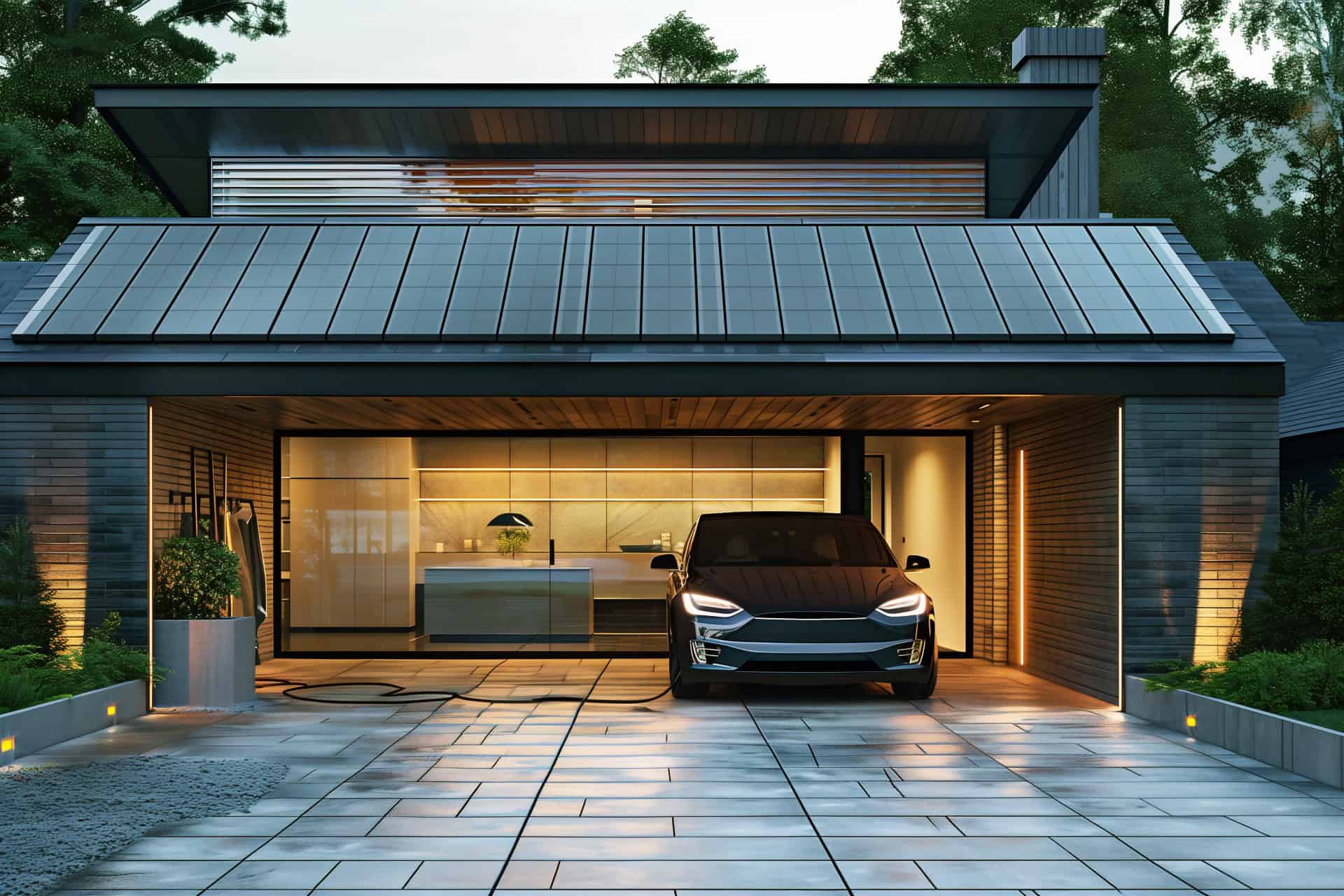 Generic electric vehicle is being charged from EV charger on a contemporary modern residential house with solar roof.