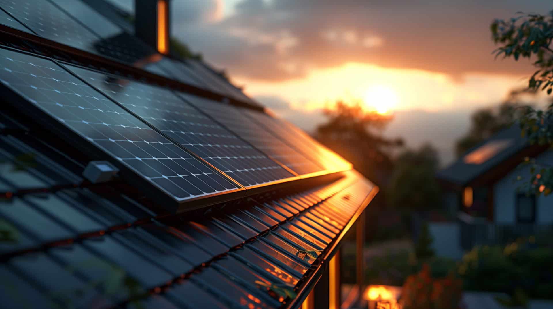 Close-up shot of solar panels on the roof of a contemporary house.