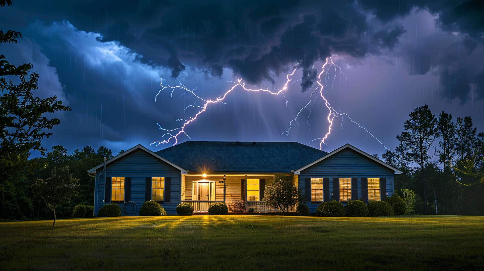 Suburban house with lightning bolts in the sky during a storm