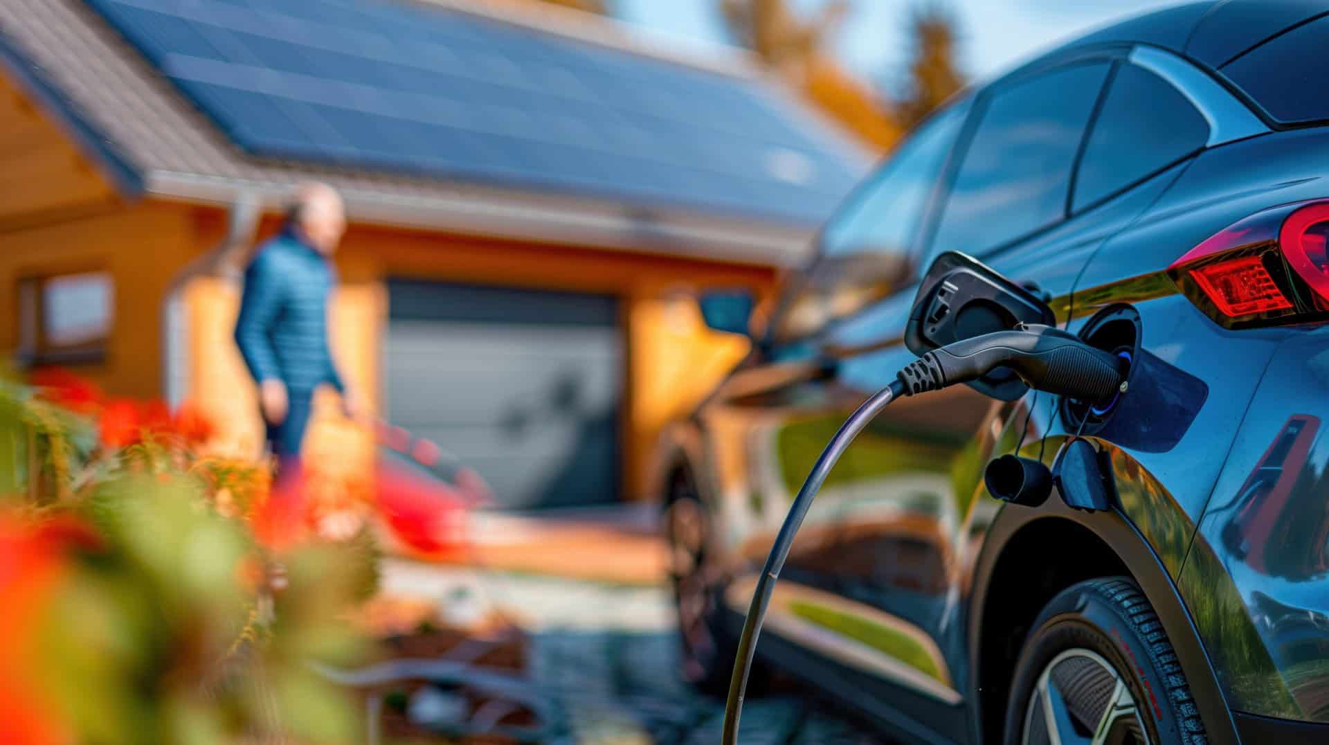 Electric Car Charging at Home Using Solar Energy. Man and house in background are both blurred.