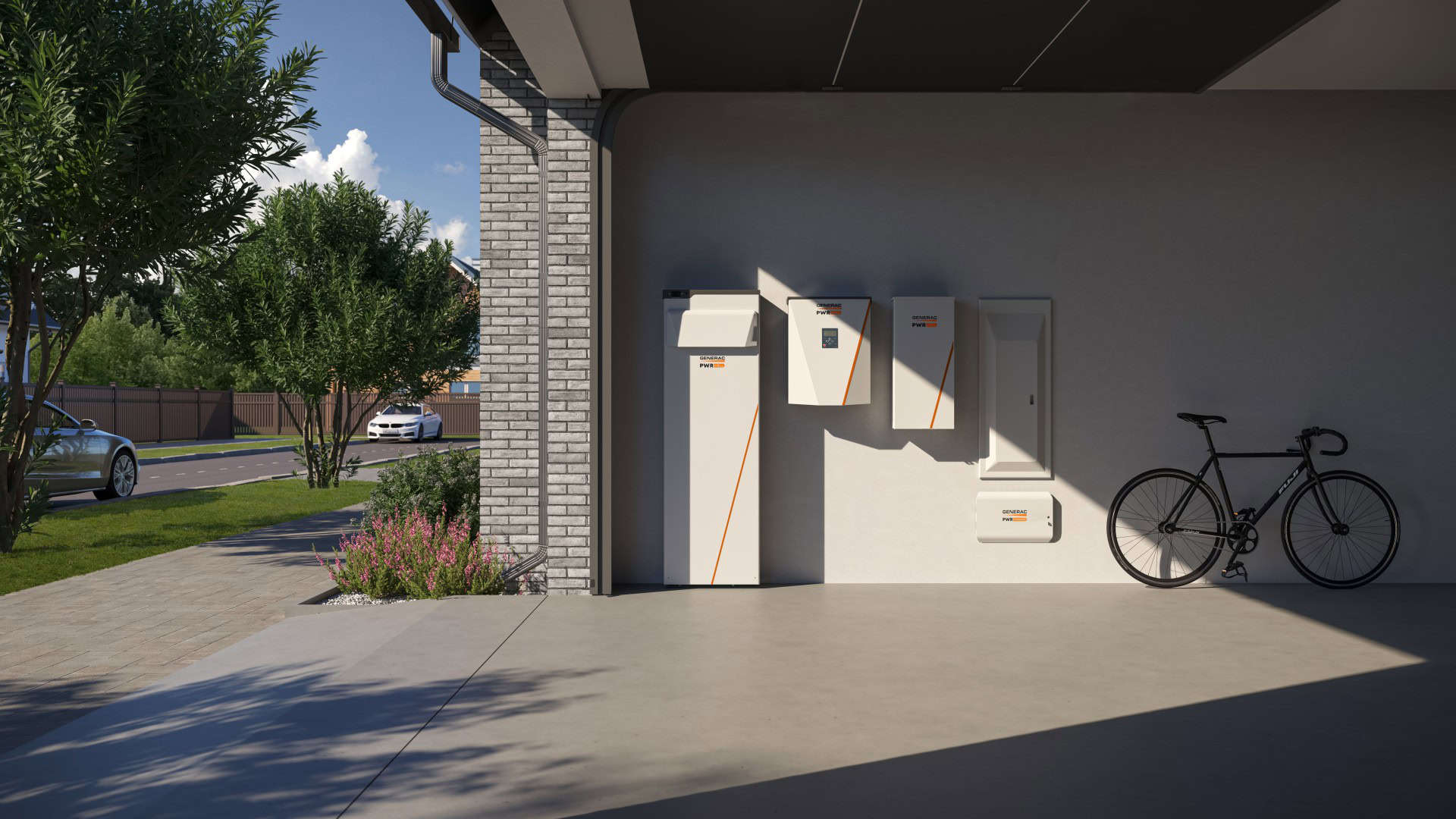 Generac Powerwall located within a residential garage beside the garage door.