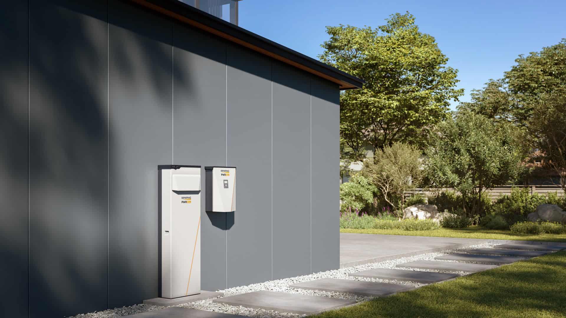 Generac Powercell cabinet on outside wall of garage.